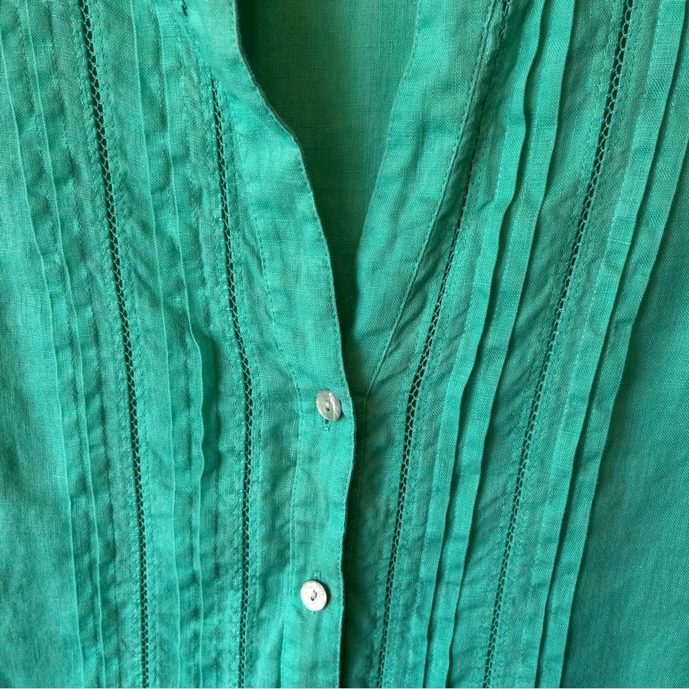 J Jill button up shirt L 100% Linen Green Pintuck blouse Womens Long sleeve top - Picture 4 of 6